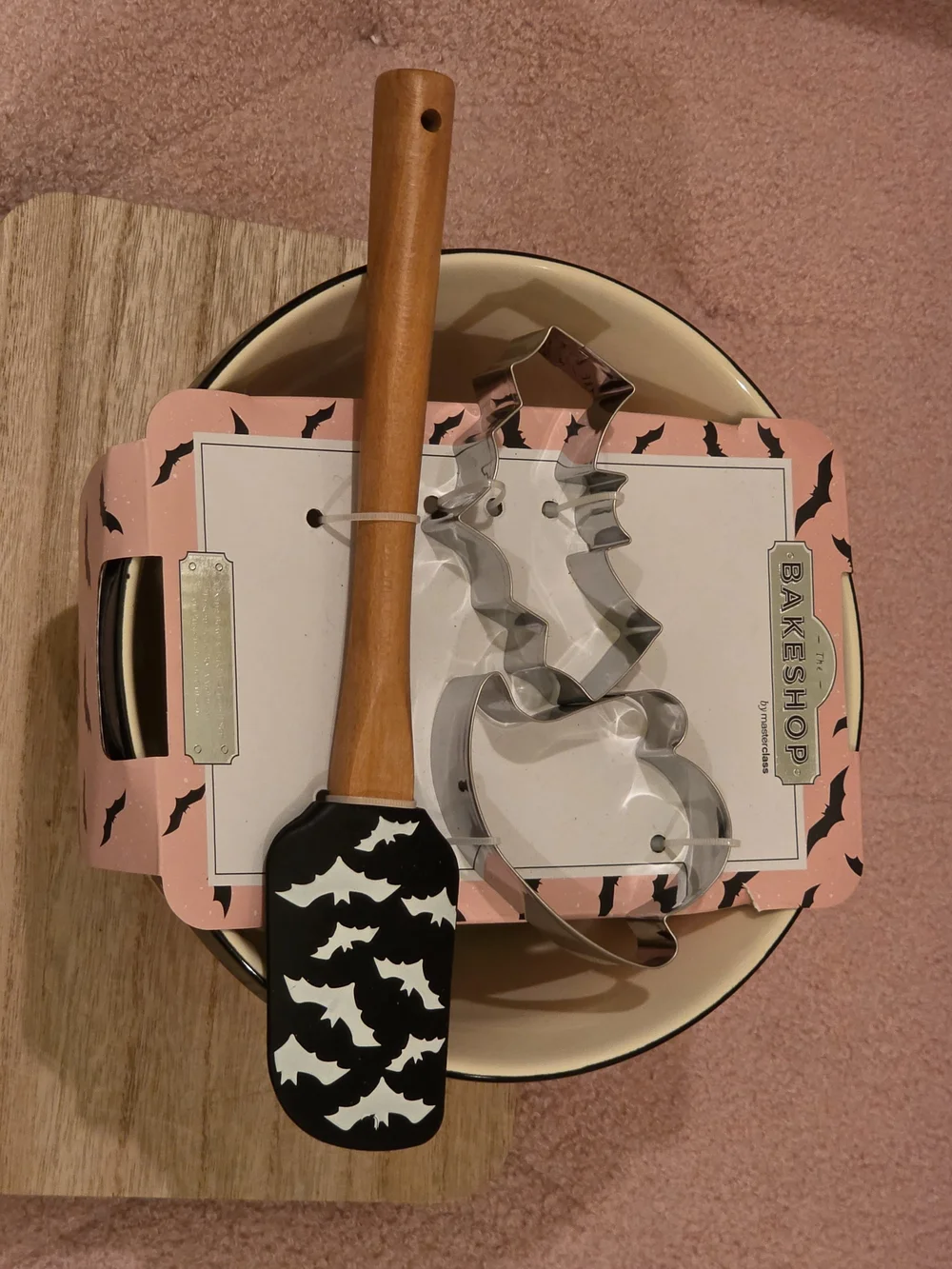 The Bakeshop Pink Bat-Print Mixing Bowl with Utensils